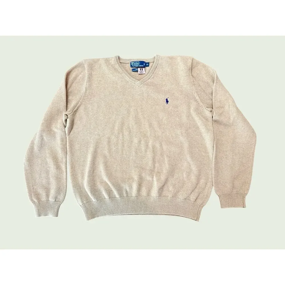 Polo Ralph Lauren Men’s Cotton Crewneck Cream Sweater Men’s XL‎ Blue Pony Logo